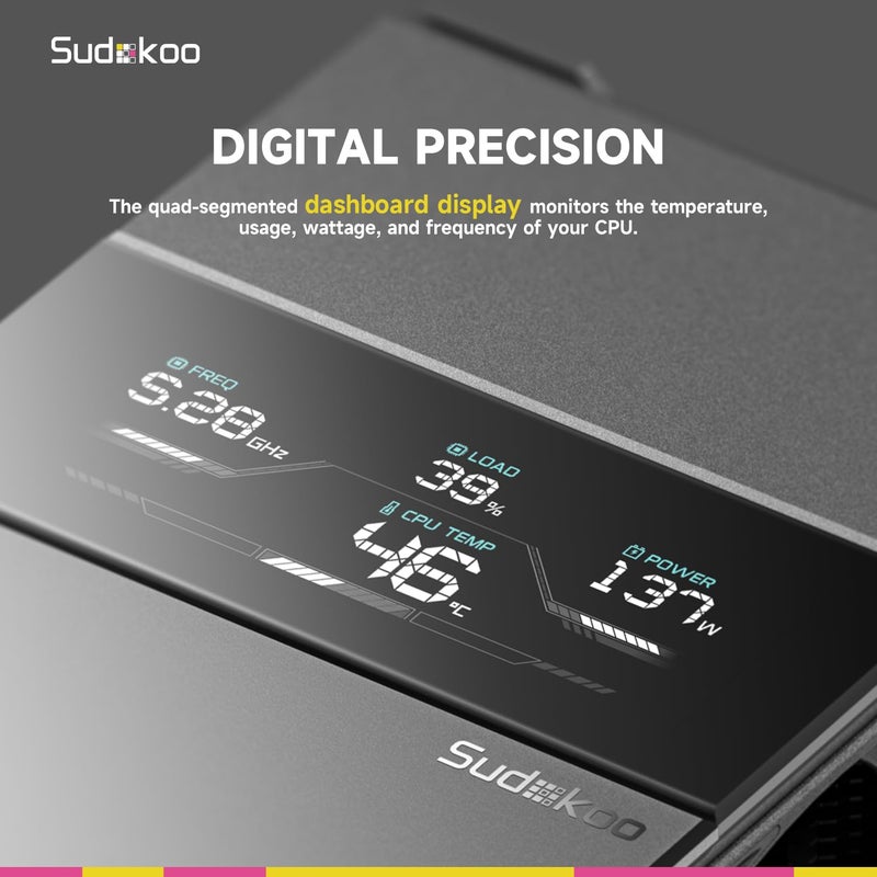 Sudokoo مبرد وحدة المعالجة المركزية SK700V AM5، حصري لـ AM5، شاشة رقمية، 7 أنابيب حرارية، مبرد هواء وحدة المعالجة المركزية، برج واحد، مروحة 120 مم FDB PWM، حرية كاملة في الذاكرة، قفل تركيب L-Rail، ضمان 5 سنوات، أسود - Image 3